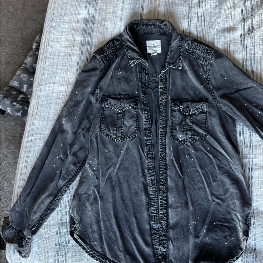 American Eagle Outfitters Charcoal Denim Shirt with white paint splash